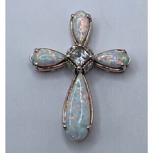 JANE SEYMOUR JWBR STERLING SILVER 14 K GOLD AND OPALS WHITE TOPAZ CROSS PENDANT